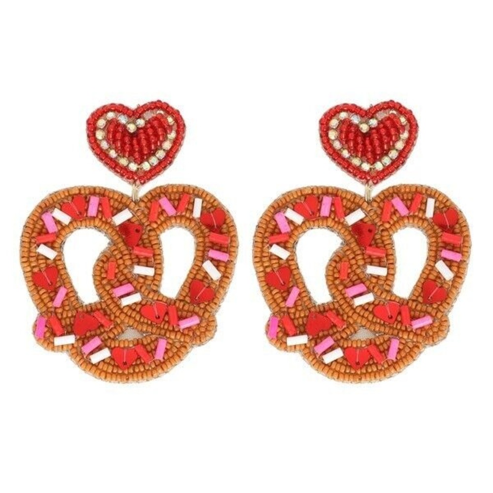 VALENTINES‎ RED PINK LOVE PRETZEL RHINESTONE SEED BEAD FELT BACK DANGLE EARRINGS